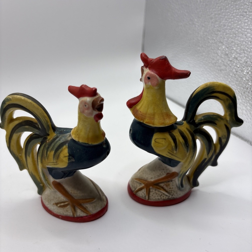 Vintage Ceramic Rooster Salt Pepper Shakers Pair Hand Painted 5 Inch